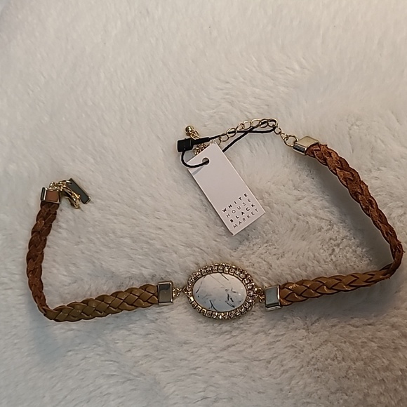 White House Black Market Leather Choker With Oval Stone Pendant & Rhinestones - Picture 6 of 10